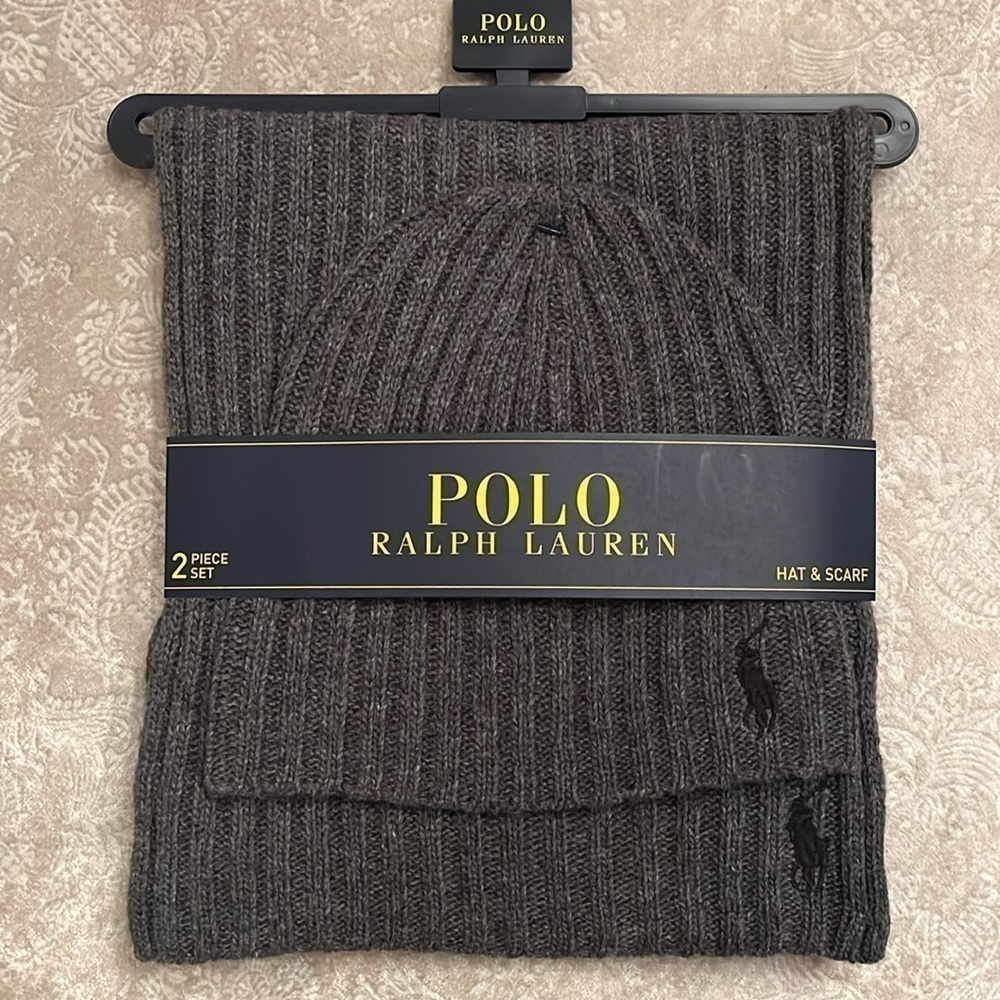Brand New Polo Ralph Lauren 2-Piece Knit Beanie Hat & Scarf Set Gray Wool Pony